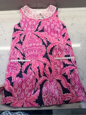 Lilly Pulitzer Hot Pink and Navy Crochet-Trim Dress